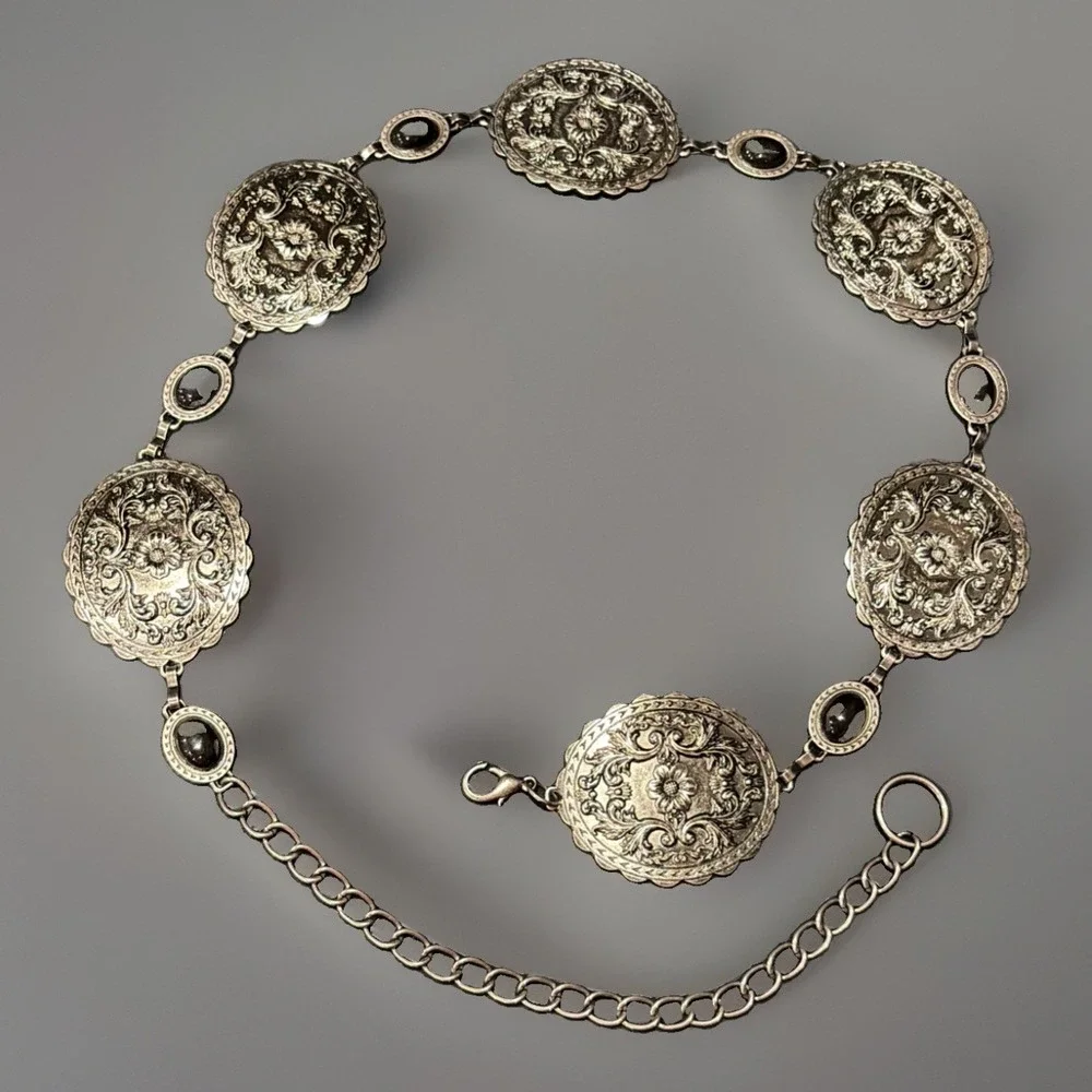 Concho Chain Belt Western Style Scalloped Floral Medallion Metal Rings 40